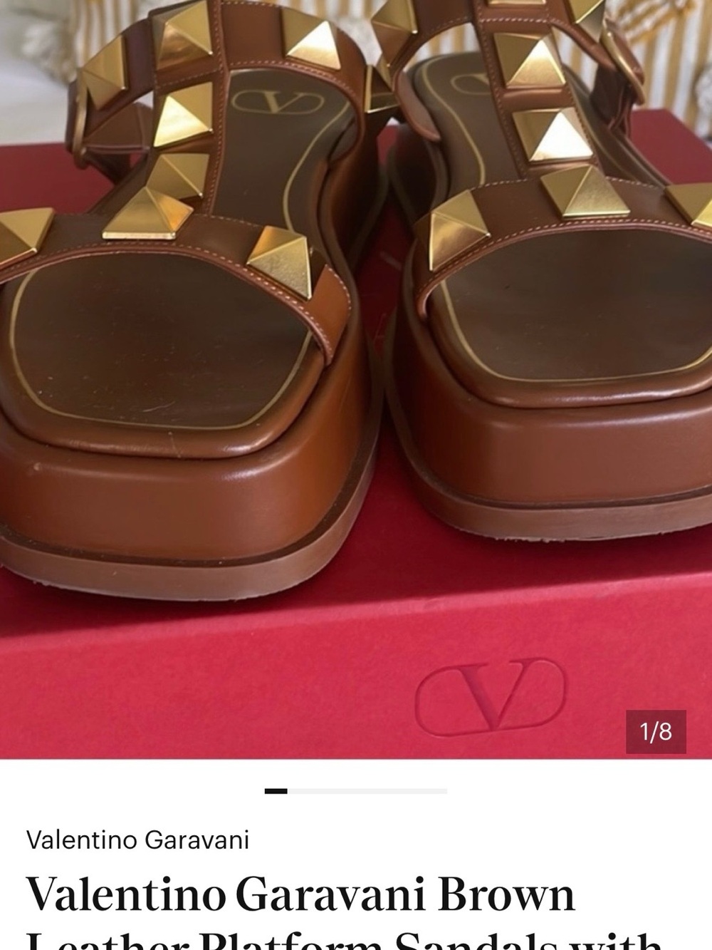Valentino Garavani Chestnut Leather Platform Sandals with Gold Pyramid Studs